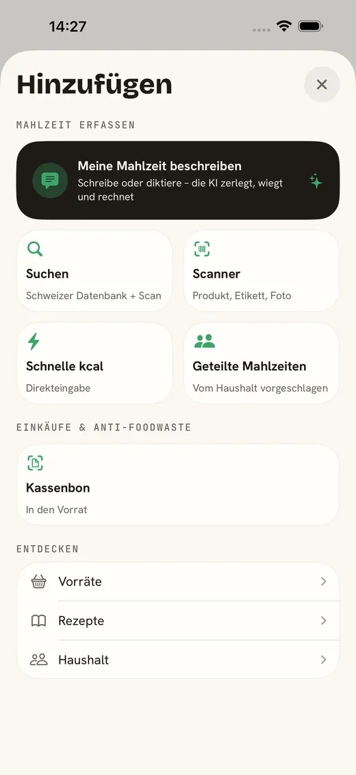 ark.fit — per Suche, Scan, Beschreibung oder kcal zur richtigen Mahlzeit hinzufügen