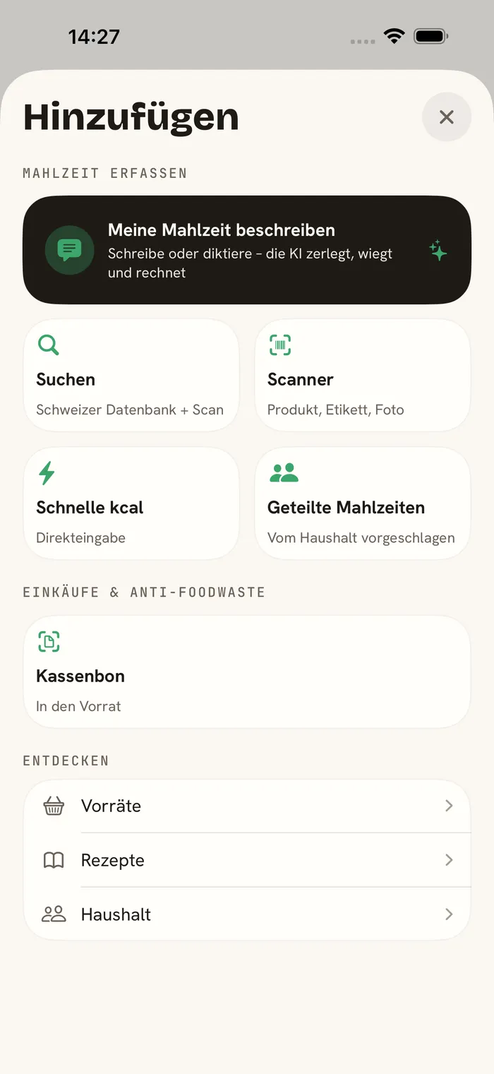 ark.fit — per Suche, Scan, Beschreibung oder kcal zur richtigen Mahlzeit hinzufügen