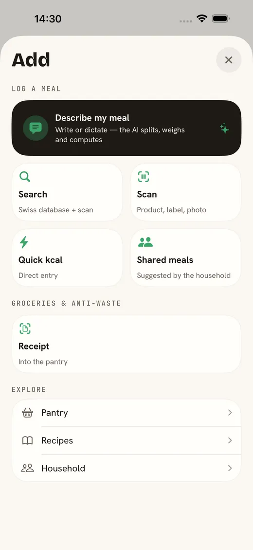 ark.fit — add to the right meal by search, scan, description or quick kcal