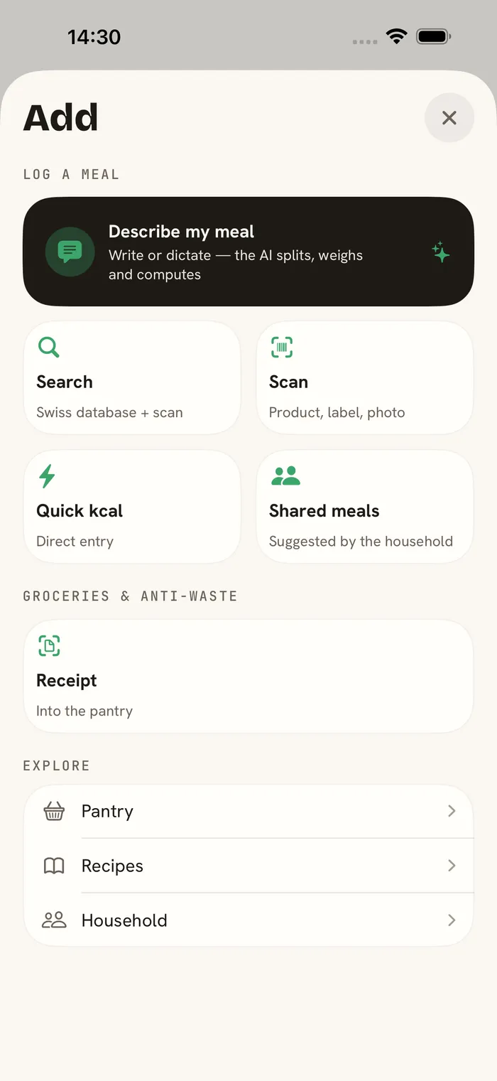ark.fit — add to the right meal by search, scan, description or quick kcal