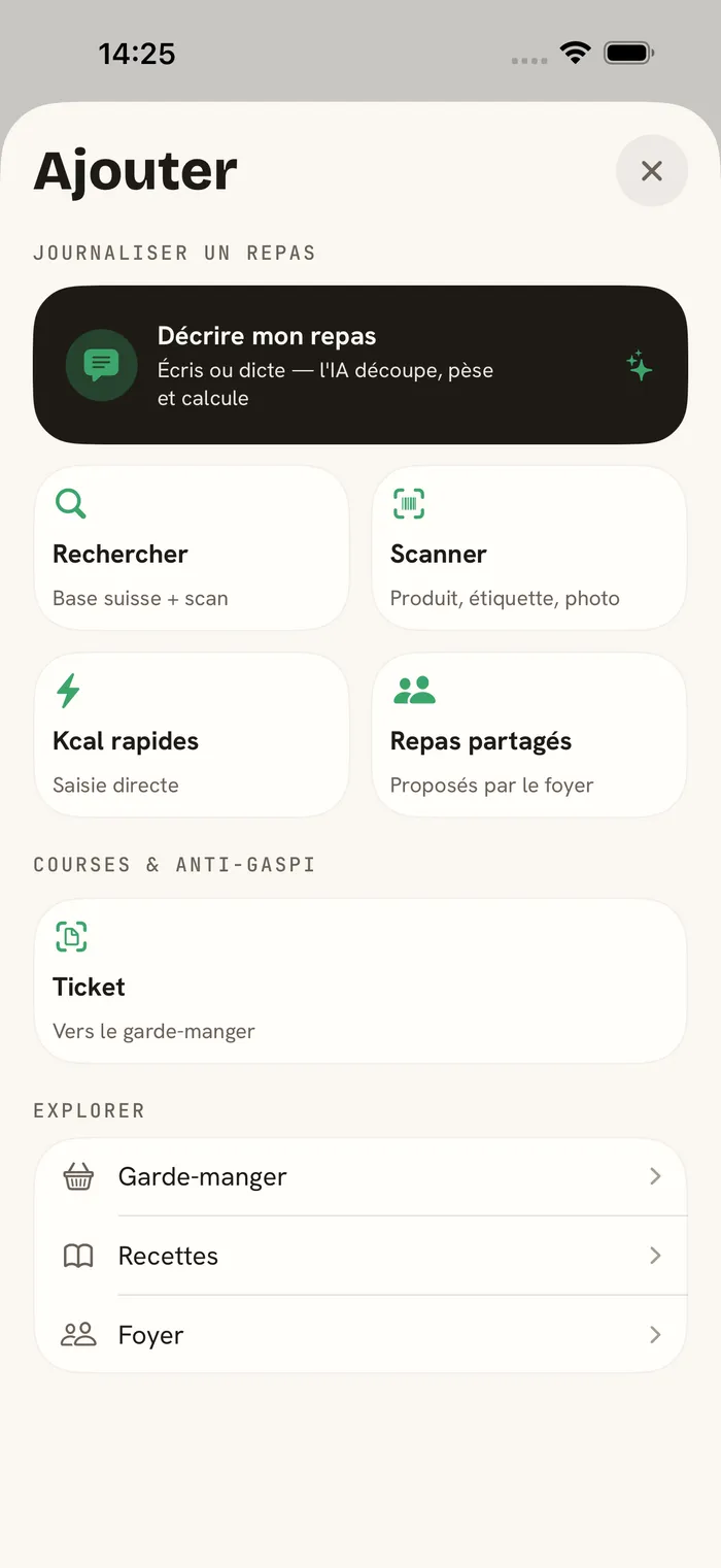 ark.fit — ajouter au bon repas par recherche, scan, description ou kcal rapides