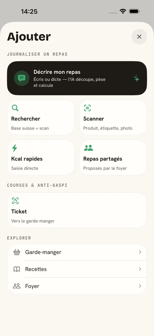 ark.fit — ajouter au bon repas par recherche, scan, description ou kcal rapides