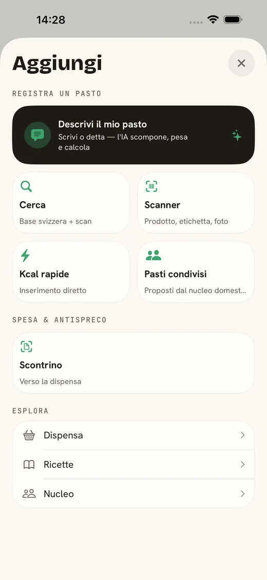 ark.fit — aggiungere al pasto giusto con ricerca, scansione, descrizione o kcal rapide