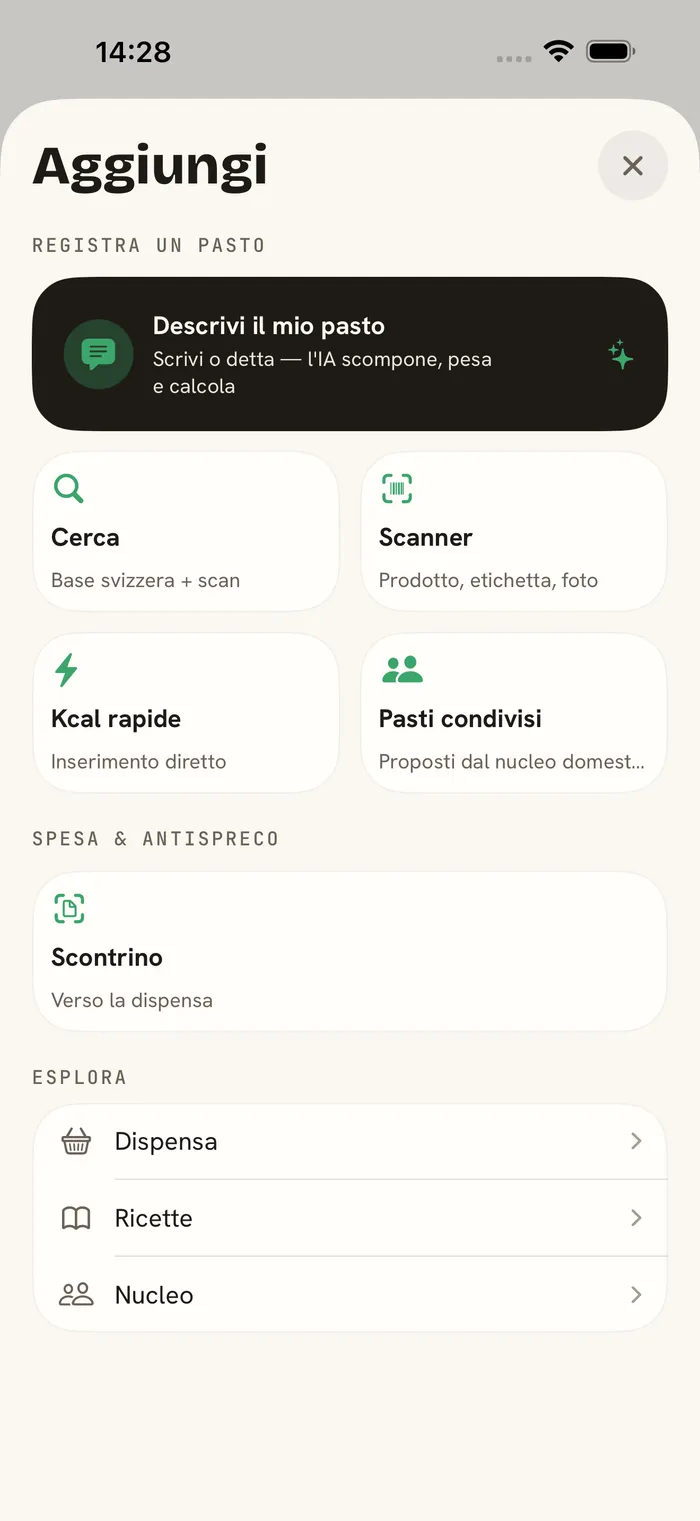 ark.fit — aggiungere al pasto giusto con ricerca, scansione, descrizione o kcal rapide